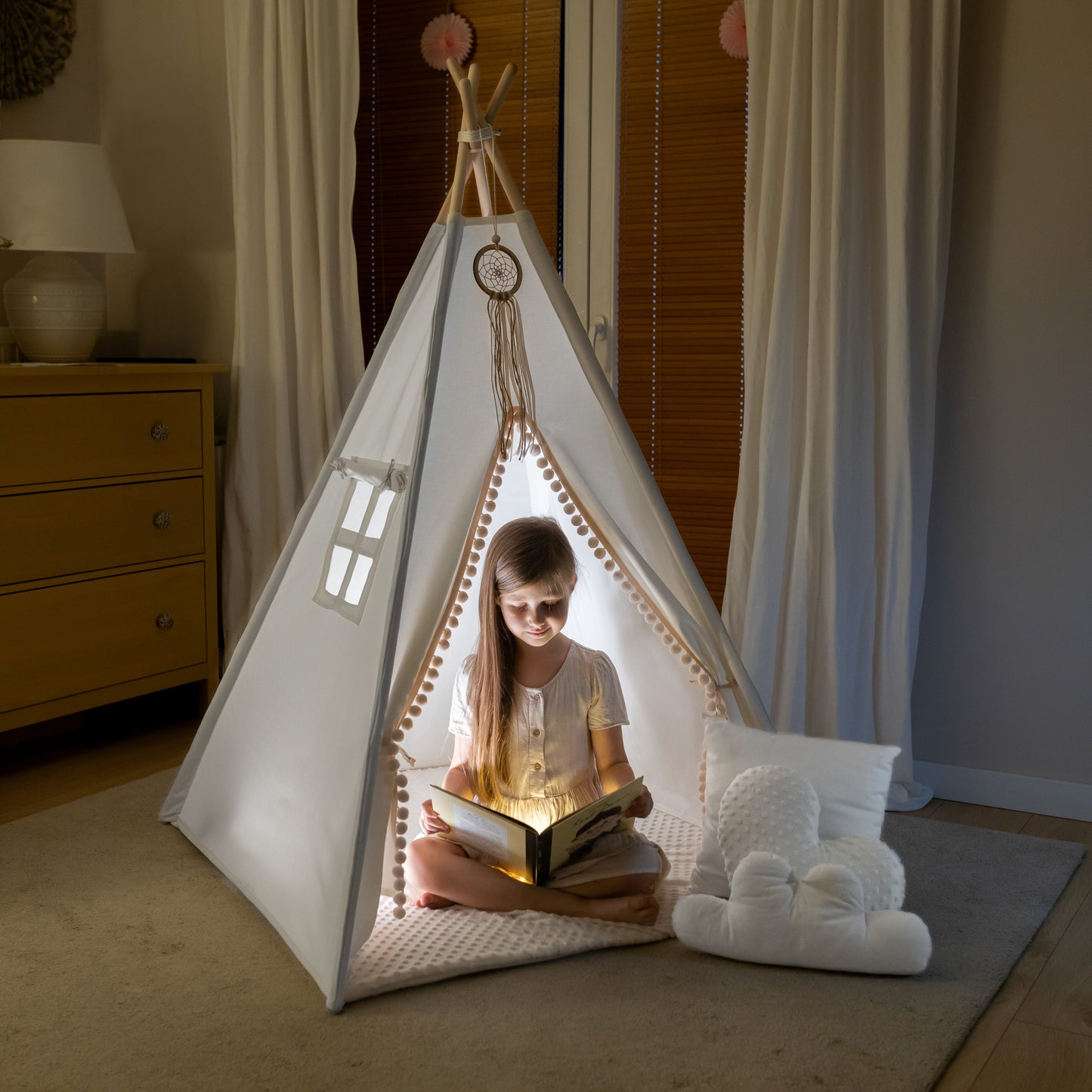 Teepee Wigwam Tent for children cream in BOHO style PREMIUM with double sided cotton/MINKY mat pompoms  3 cushions 110x110x150 cm stabiliser