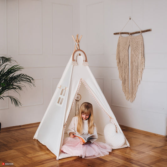 Teepee Wigwam Tent for children cream in BOHO style PREMIUM with double sided cotton/MINKY mat pompoms  3 cushions 110x110x150 cm stabiliser