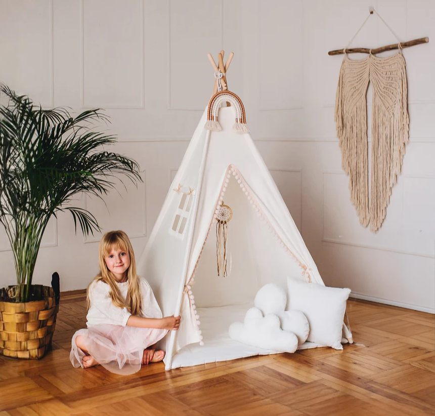 PERSONALISED  Boho Teepee Tent Wigwam for children light cream cotton mat pompoms 3 cushions 110x110x150 TOP QUALITY  stabiliser