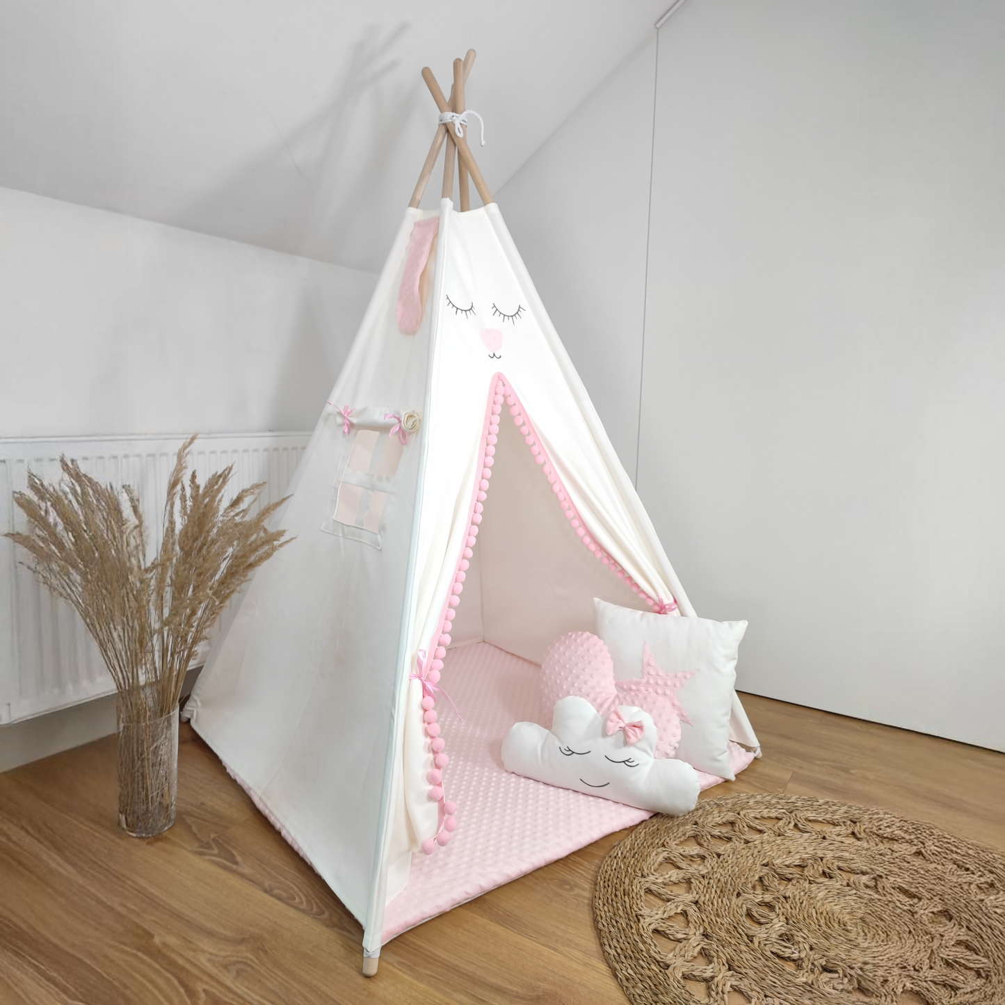 Teepee Tipi tent Wigwam for children cream/pink PREMIUM with double sided cotton and Minky mat 3 cushions 110x110x150 cm stabiliser