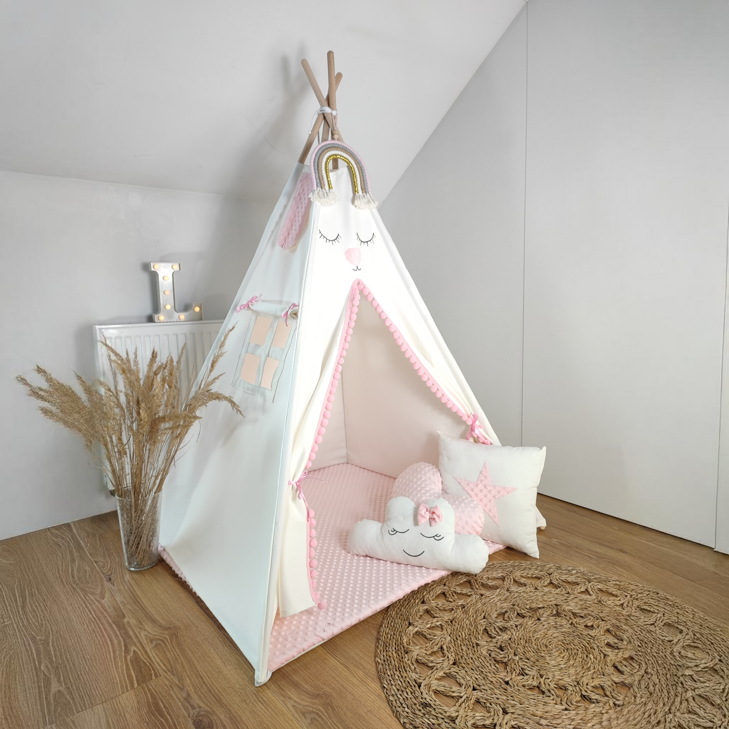 Teepee Tipi tent Wigwam for children cream/pink PREMIUM with double sided cotton and Minky mat 3 cushions 110x110x150 cm stabiliser