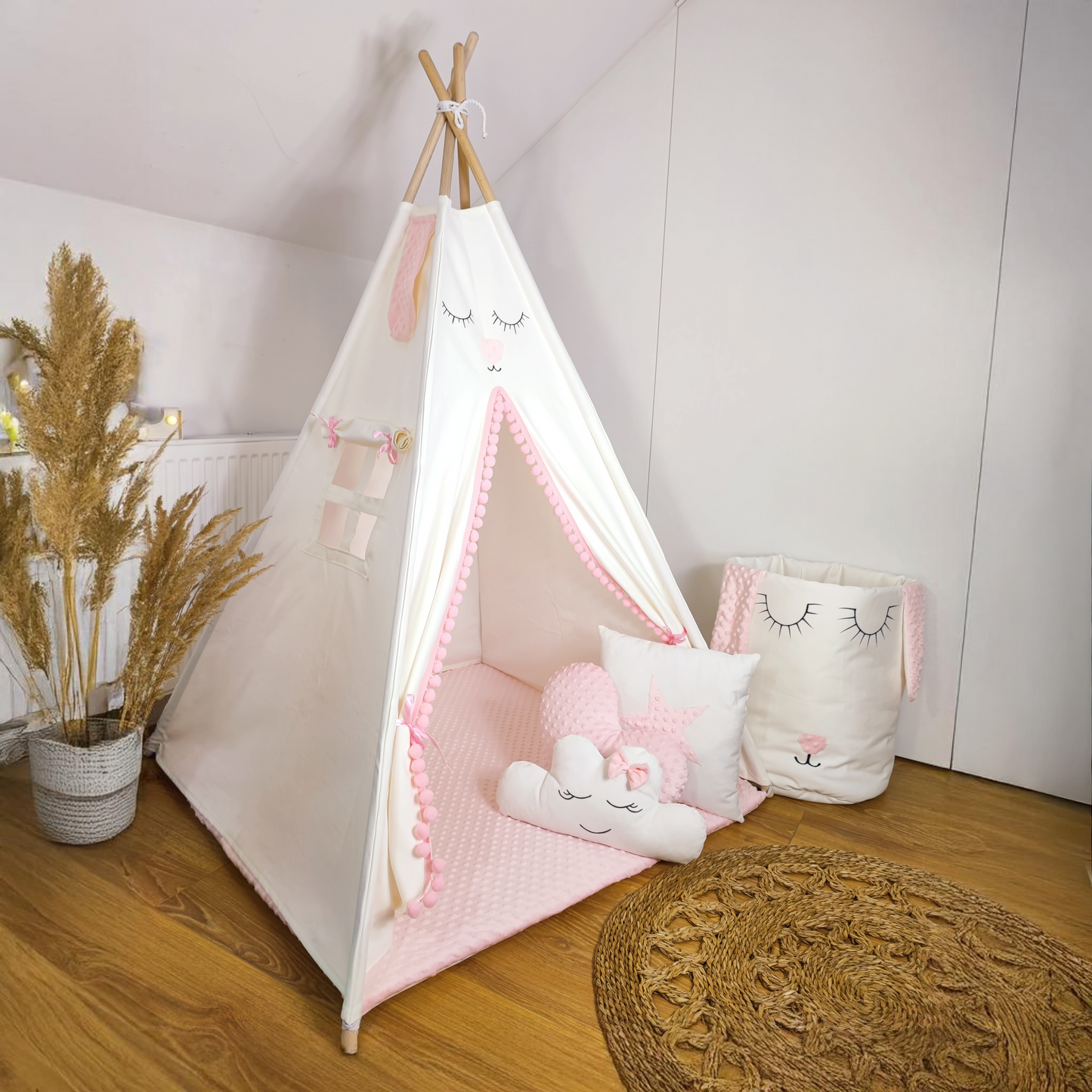 Teepee Tipi tent Wigwam for children cream/pink PREMIUM with double sided cotton and Minky mat 3 cushions 110x110x150 cm stabiliser