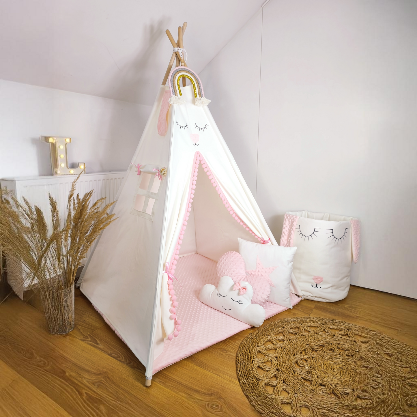 Teepee Tipi tent Wigwam for children cream/pink PREMIUM with double sided cotton and Minky mat 3 cushions 110x110x150 cm stabiliser