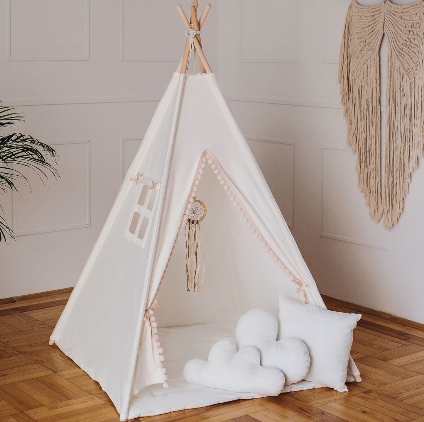 PERSONALISED  Boho Teepee Tent Wigwam for children light cream cotton mat pompoms 3 cushions 110x110x150 TOP QUALITY  stabiliser