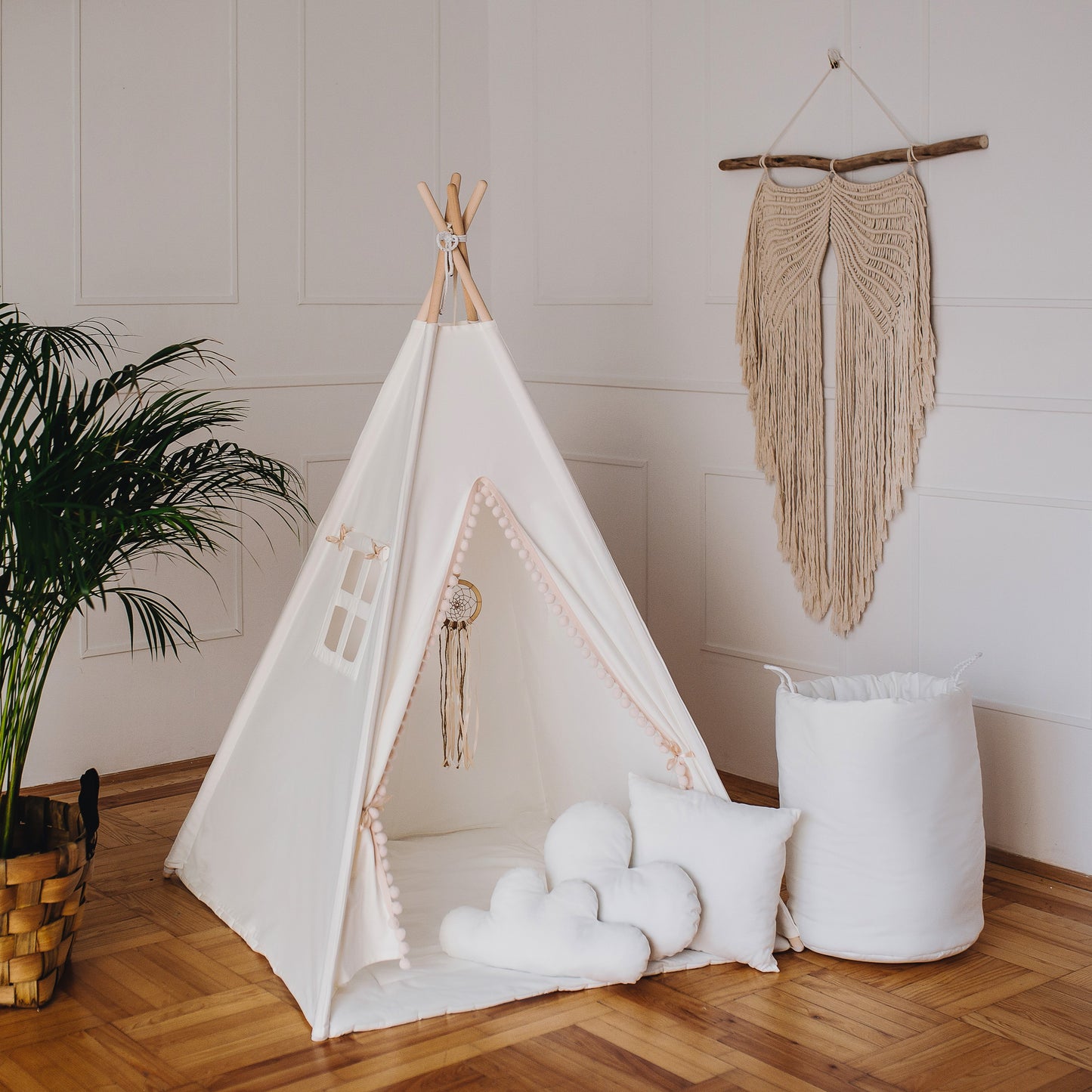 PERSONALISED  Boho Teepee Tent Wigwam for children light cream cotton mat pompoms 3 cushions 110x110x150 TOP QUALITY  stabiliser