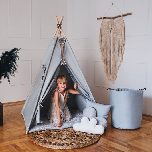 Tent wigwam for children light gray in BOHO style PREMIUM with double sided cotton mat pompoms 3 cushions 110x110x150 cm  Teepee stabiliser