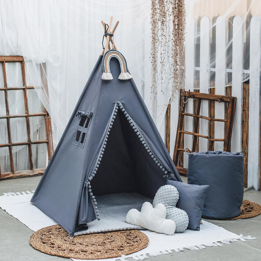 PERSONALIZED Tent wigwam for children gray in BOHO style PREMIUM with double sided cotton mat pompoms 3 cushions 110x110x150 cm Teepee