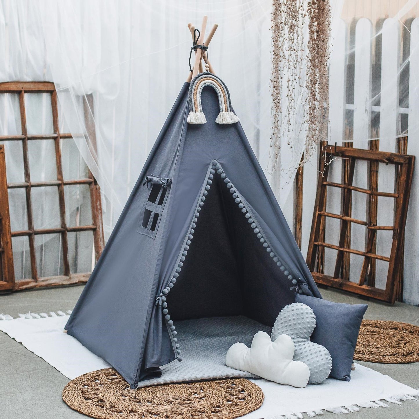 Tent wigwam for children gray in BOHO style PREMIUM with double sided cotton mat pompoms 3 cushions 110x110x150 cm Teepee stabiliser