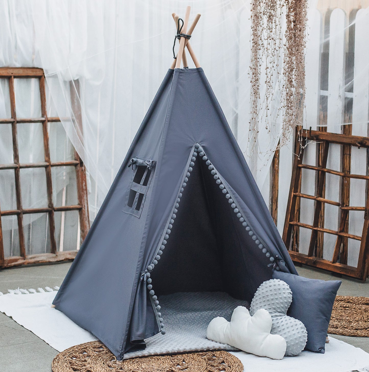 Tent wigwam for children gray in BOHO style PREMIUM with double sided cotton mat pompoms 3 cushions 110x110x150 cm Teepee stabiliser