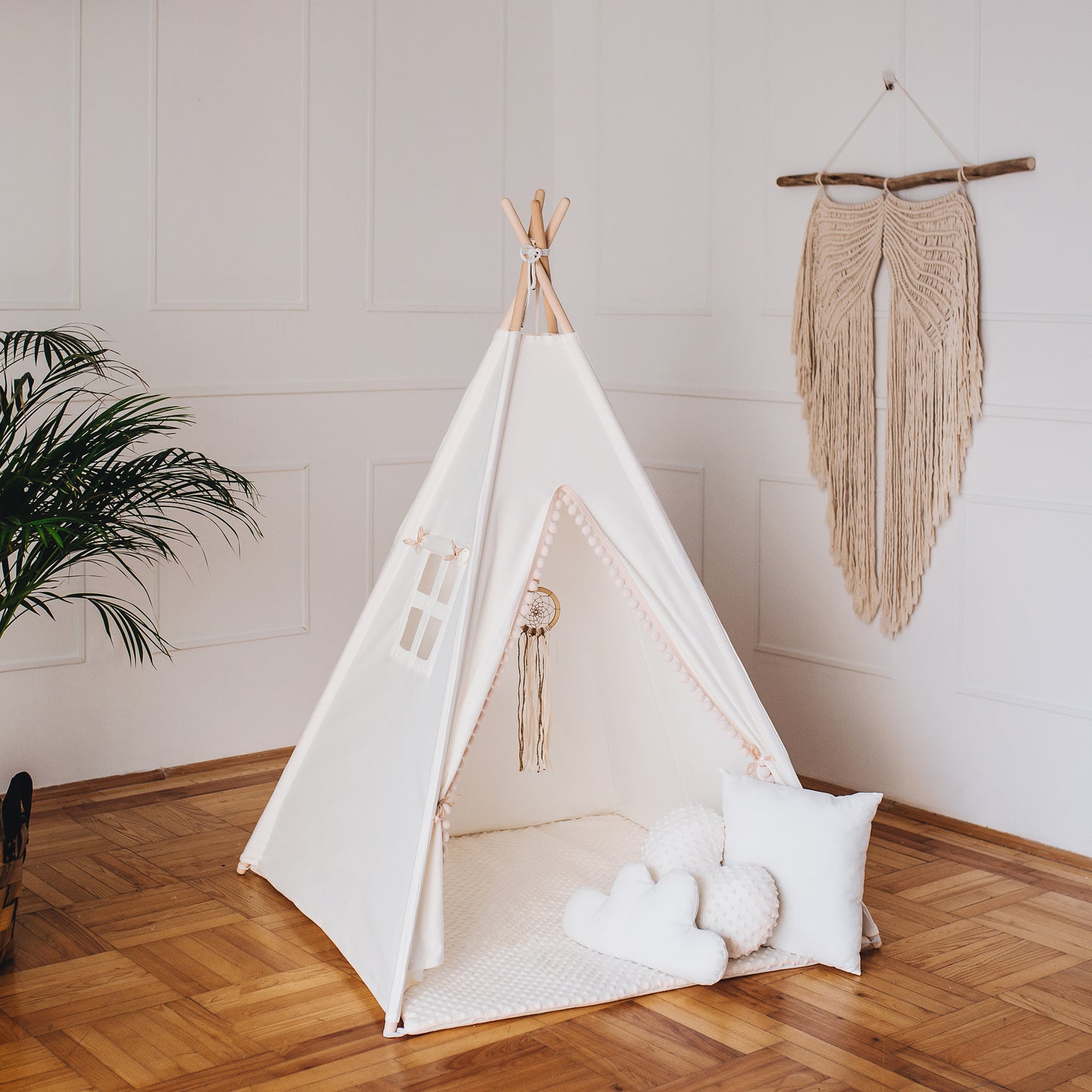 Teepee Wigwam Tent for children cream in BOHO style PREMIUM with double sided cotton/MINKY mat pompoms  3 cushions 110x110x150 cm stabiliser