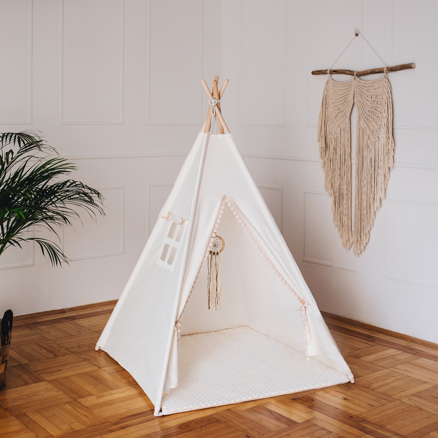 Teepee Wigwam Tent for children cream in BOHO style PREMIUM with double sided cotton/MINKY mat pompoms  3 cushions 110x110x150 cm stabiliser