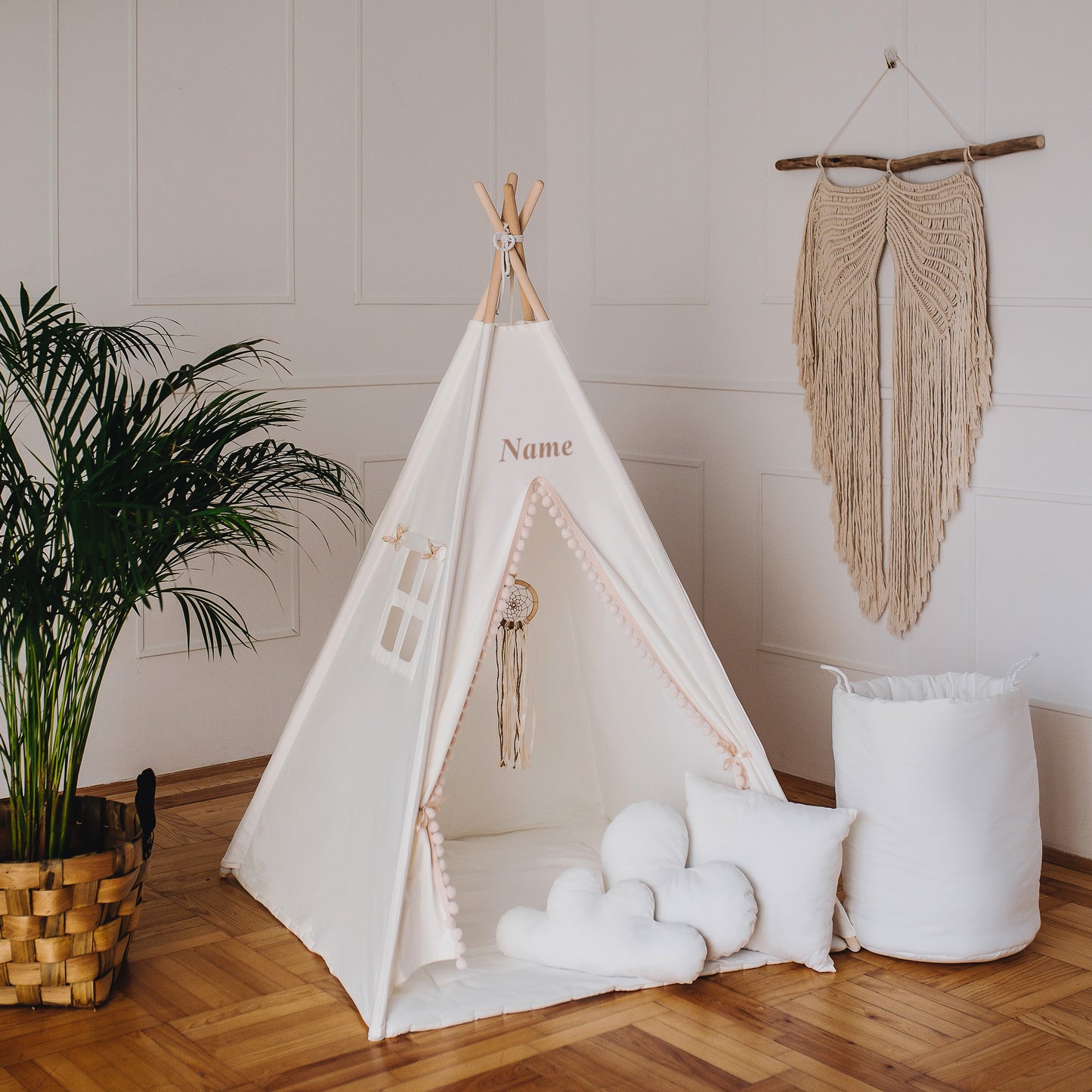 PERSONALISED  Boho Teepee Tent Wigwam for children light cream cotton mat pompoms 3 cushions 110x110x150 TOP QUALITY  stabiliser