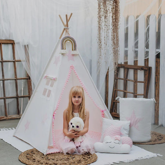 Wigwam for children cream/pink star + 3 cushions + double-sided  mat  pompoms 110x110x150 cm Teepee Tipi tent stabiliser