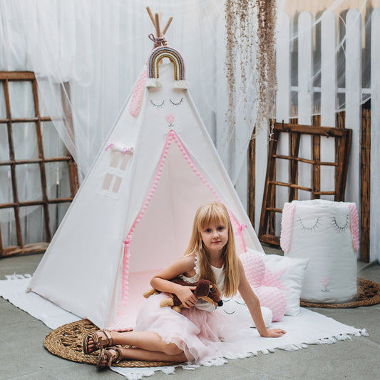 Teepee Tipi tent Wigwam for children cream/pink PREMIUM with double sided cotton and Minky mat 3 cushions 110x110x150 cm stabiliser