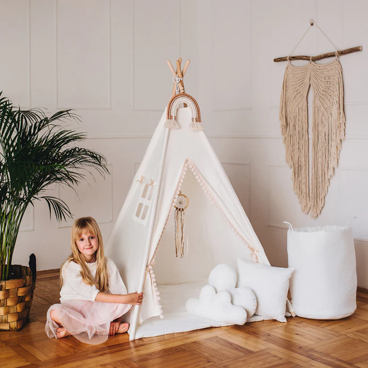 Boho Teepee Tent Wigwam for children light cream cotton mat pompoms   3 cushions 110x110x150 TOP QUALITY  stabiliser