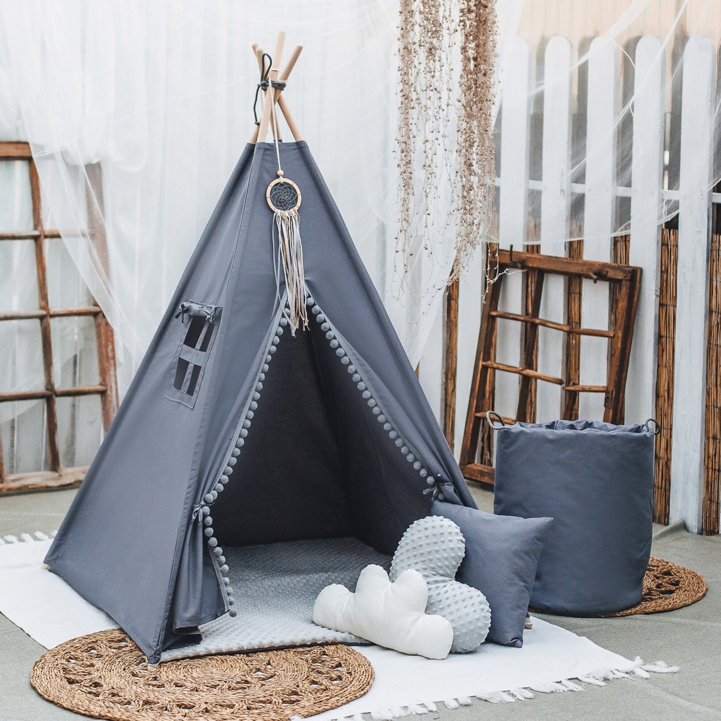 Tent wigwam for children gray in BOHO style PREMIUM with double sided cotton mat pompoms 3 cushions 110x110x150 cm Teepee stabiliser