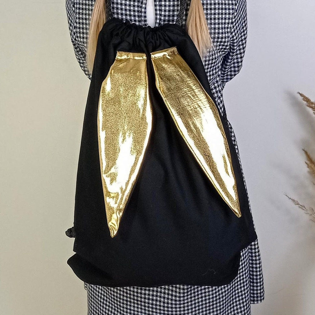 Black sack with decorative rabbit ears in gold or silver  colour  40x30cm Hand-sewn