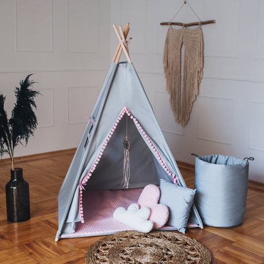 Tent wigwam for children light gray/pink PREMIUM with double sided cotton mat pompoms 3 cushions 110x110x150 cm  Teepee  stabiliser