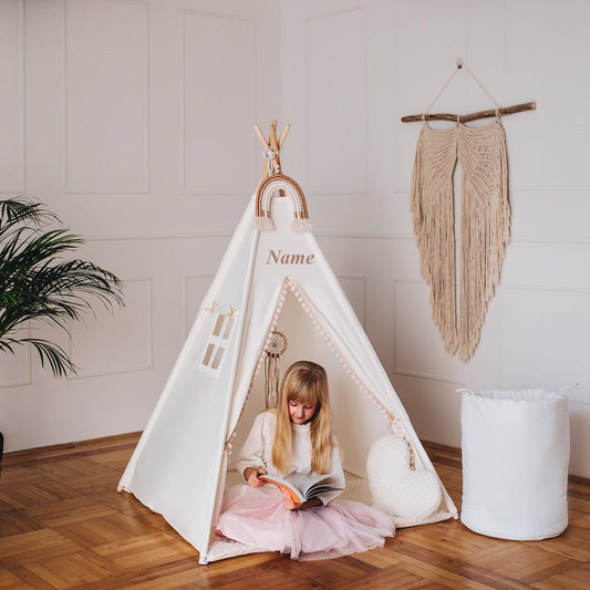 PERSONALIZED TeepeeWigwam Tent for children cream in BOHO style PREMIUM with double sided cotton/minky mat 3 cushions 110x110x150 cm