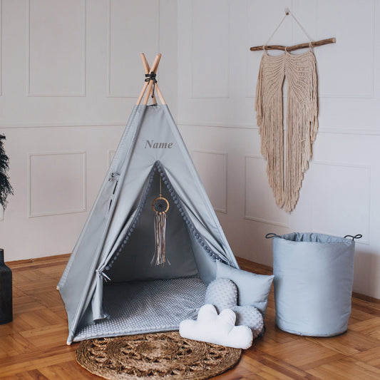 PERSONALIZED Tent wigwam for children light gray in BOHO style PREMIUM with cotton mat pompoms 3 cushions 110x110x150 cm Teepee